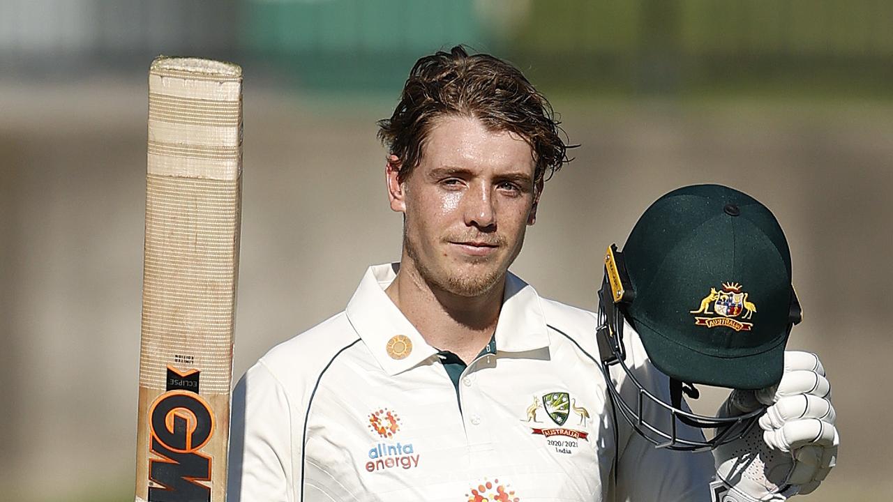 Australia's Cameron Green celebrates his century.