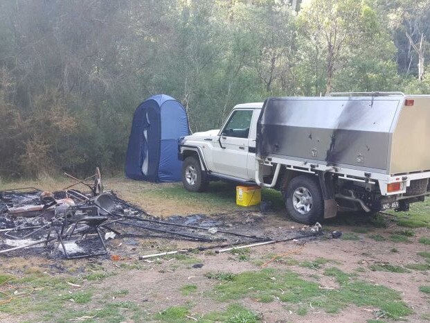 Russell Hill and Carol Clay's burnout campsite. Picture: ABC