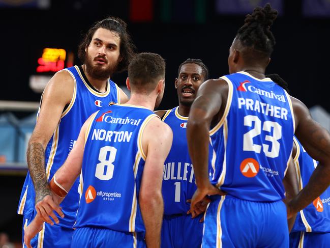 Bullets players huddle during the round 12 NBL match against South East Melbourne Phoenix. Picture: Getty