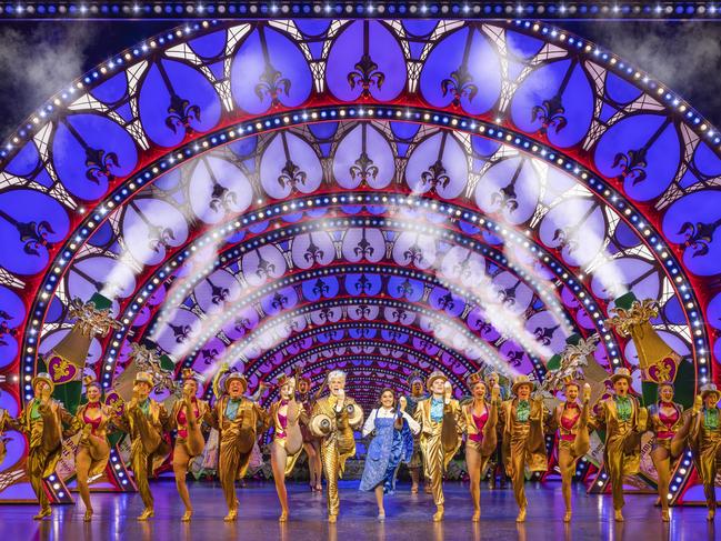 Gareth Jacobs, Hayley Martin, Shubshri Kandiah, Rohan Browne and the company of Beauty and The Beast performing Be Our Guest. Picture: Daniel Boud