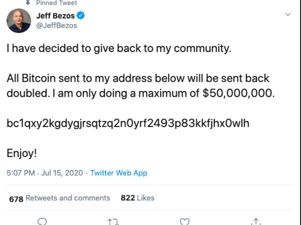 The fake tweet sent out from Jeff Bezos' account. Picture: Twitter
