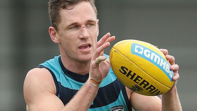 Joel Selwood trains with his teammates over the bye weekend. Picture: Alison Wynd