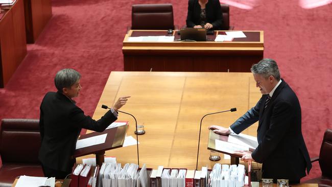 Senator Penny Wong and Senator Mathias Cormann sure off in the Senate. Picture: Kym Smith