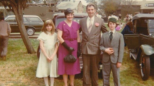 Nola and Arthur Clisby and their children Lisa and Paul at the end of the first Bay to Birdwood car run in 1980.