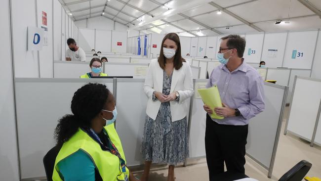 Youth Affairs and Science Minister and Member for Gaven Meaghan Scanlon joined Queensland Health's Dr Jeremy Wellwood to preview the new Broadbeach Community Vaccination Centre Exhibition Centre on the Gold Coast Highway at Broadbeach. Picture Glenn Hampson