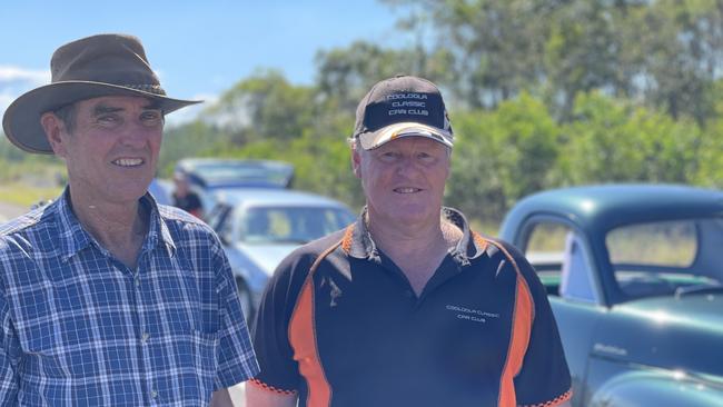 Peter Wilson and Paul Boyce celebrate the impending opening of the Gympie Bypass at a community event on Saturday August 17, 2024.