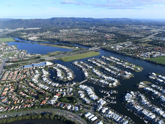 Aerial view of residential housing around the Coomera River on the Gold Coast, Wednesday May 17, 2017. (AAP Image/Dave Hunt) NO ARCHIVING