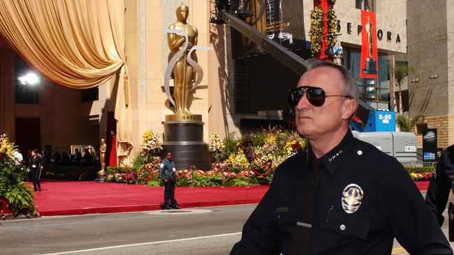 Police patrol in front of the Kodak Theatre. Picture: Bob Riha Jr/WireImage