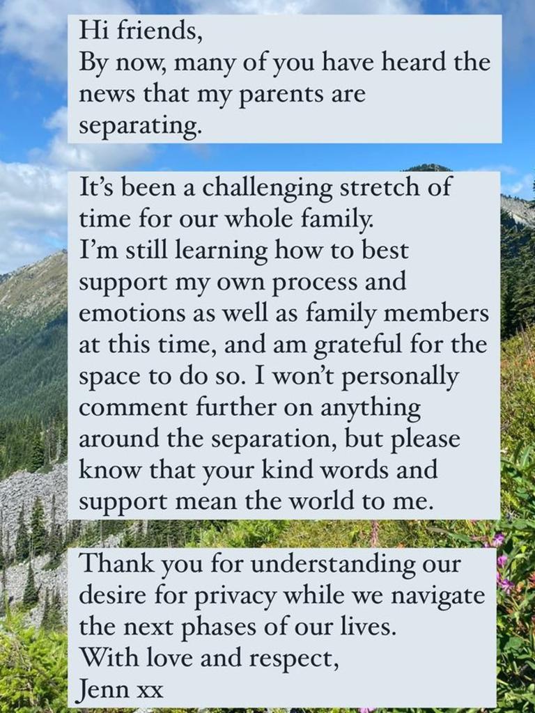 Instagram story from Jennifer Gates commenting on the break up of her parents. Picture: Instagram @jenniferkgates