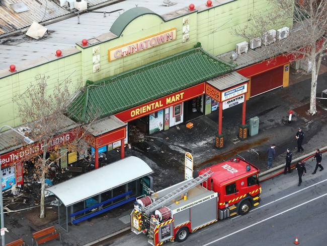 Emergency services outside the Oriental Mart in Chinatown, where several shops have been destroyed in a fire. Picture: Tait Schmaal