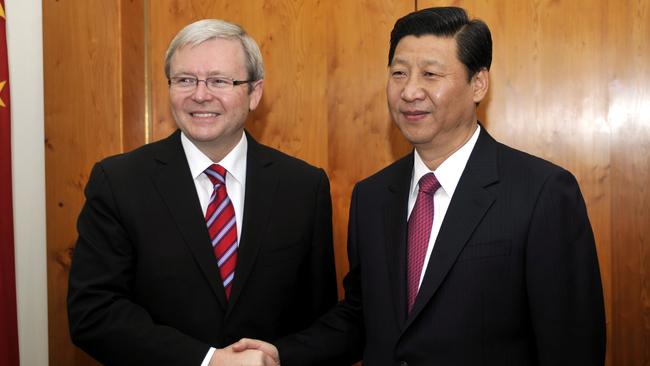 Kevin Rudd with Xi Jinping in 2010. Picture: AAP.