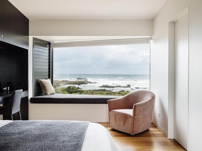 One of Ettrick Rocks’s ocean-facing bedrooms complete with amazing views and comfy window seat. Picture: Adam Gibson.