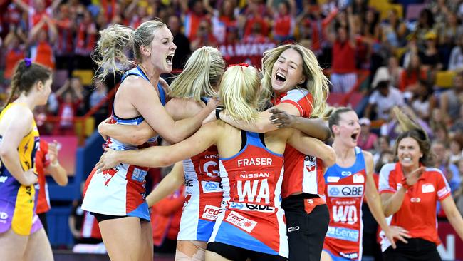 NSW Swifts players celebrate victory over Sunshine Coast Lightning in the 2019 Super Netball grand final last September. Picture: Getty Images