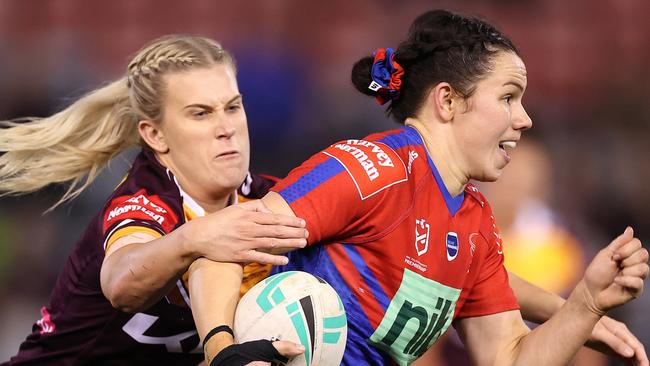 Newcastle’s Shanice Parker is tackled by Shenae Ciesiolka. Picture: Cameron Spencer/Getty Images