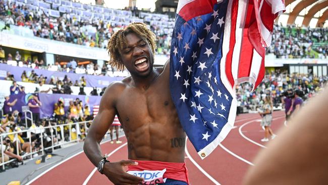 USA's Noah Lyles reacts after winning the men's 200m final during the World Athletics Championships. (Photo by Ben Stansall / AFP)