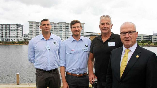 HEALTHY OUTLOOK: Klint Grabbe, Kyle Grabbe and Ron Grabbe of RGD with Sunshine Coast mayor Mark Jamieson at the launch of Southbank at Oceanside, Birtinya. Picture: Erle Levey