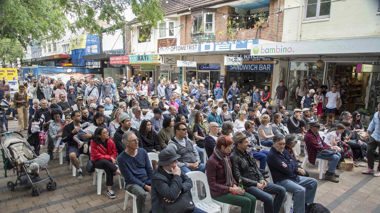 Crowd listens to Groove Organism perform during the Manly Jazz Festival at Manly on Saturday, 5 October, 2019. The Manly Jazz Festival is an annual event that sees Jazz music lovers flock to the northern beaches. Picture: Troy Snook