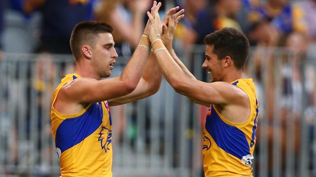 Elliot Yeo and Liam Duggan celebrate West Coast’s win.