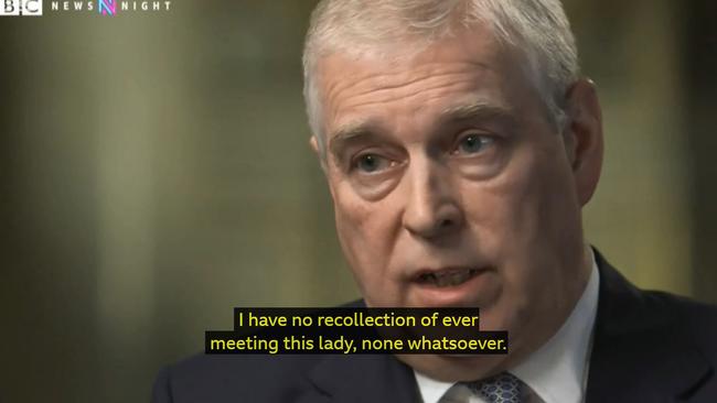 Screen grab from BBC Newsnight's Emily Maitlis interviews Prince Andrew, The Duke of York over his friendship with Jeffrey Epstein in which he said he had no memory of meeting his accuser. Picture: BBC