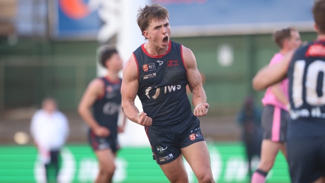 Sam Morris celebrates a goal for Norwood. Picture: Cory Sutton