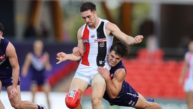 St Kilda’s Jade Gresham is run down by Lachie Schultz. Picture: Michael Klein