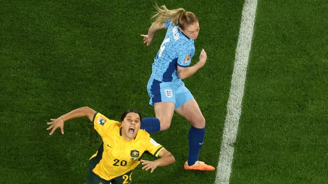 Sam Kerr was brought down in nasty fashion. Photo: Twitter, News Corp Australia.