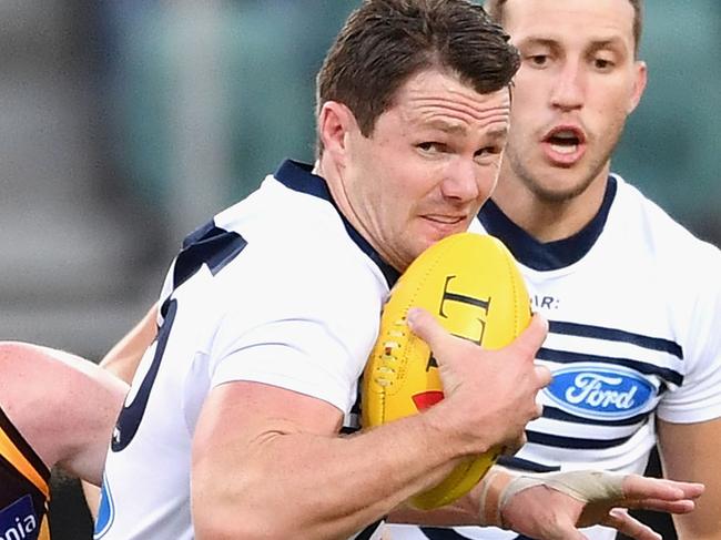 LAUNCESTON, AUSTRALIA - FEBRUARY 17: Patrick Dangerfield of the Cats is tackled by Jarryd Roughead of the Hawks during the 2017 JLT Community Series match between the Hawthorn Hawks and the Geelong Cats at University of Tasmania Stadium on February 17, 2017 in Launceston, Australia. (Photo by Quinn Rooney/Getty Images)