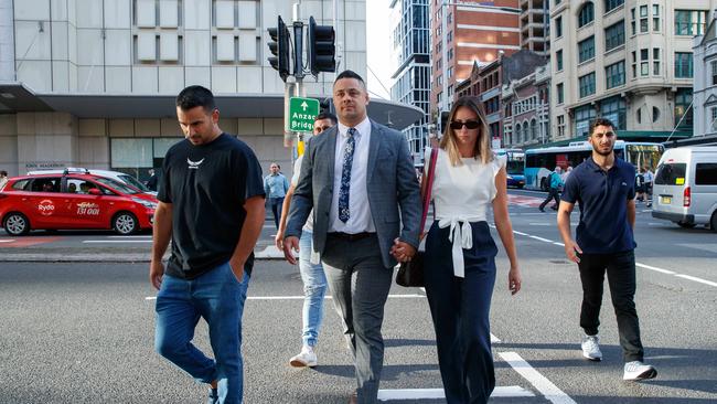 Footy star is pictured leaving Sydney’s JMT Distrcit Court on Tuesday with his wife Amelia Picture: NCA NewsWire / David Swift