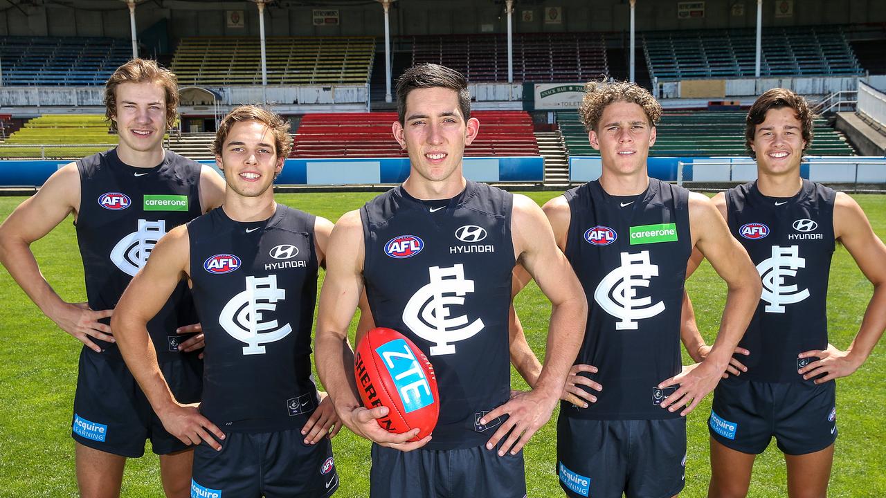 The Blues’ 2015 draft class – McKay, David Cunningham, Jacob Weitering, Curnow and Jack Silvagni. Picture: Ian Currie