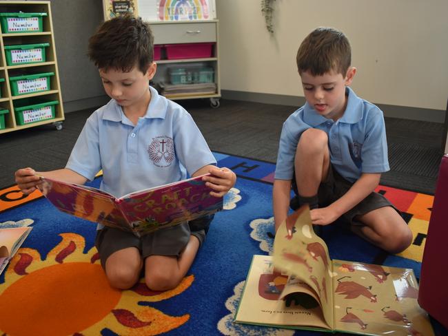 Kai Clark and Charlie Stoddart on their first day at St Gabriel's Primary School, Traralgon on January 30, 2025. Picture: Jack Colantuono