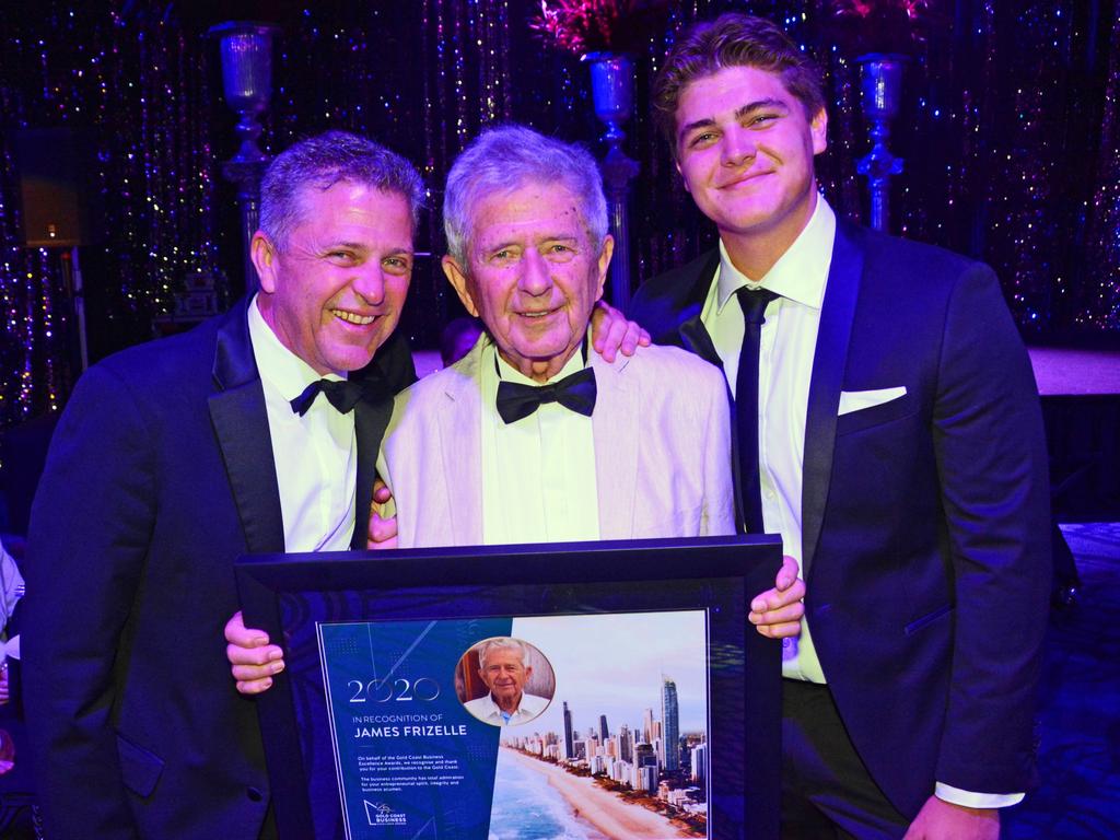 Brett Frizelle, James Frizelle and James Frizelle Jr at Gold Coast Business Excellence Awards Hall of Fame induction at The Star Gold Coast. Picture: Regina King.