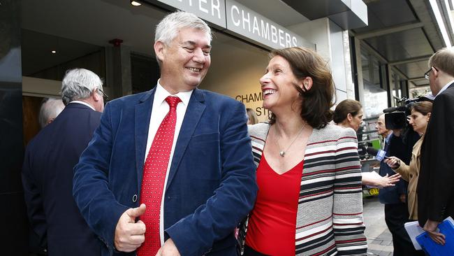 Mosman deputy mayor Roy Bendall and North Sydney mayor Jilly Gibson outside the Land and Environment Court. Picture: John Appleyard