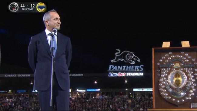 NRL CEO Andrew Abdo made the unusual gaffe before presenting the Panthers with the J.J. Giltinan shield once again. Photo: Fox Sports