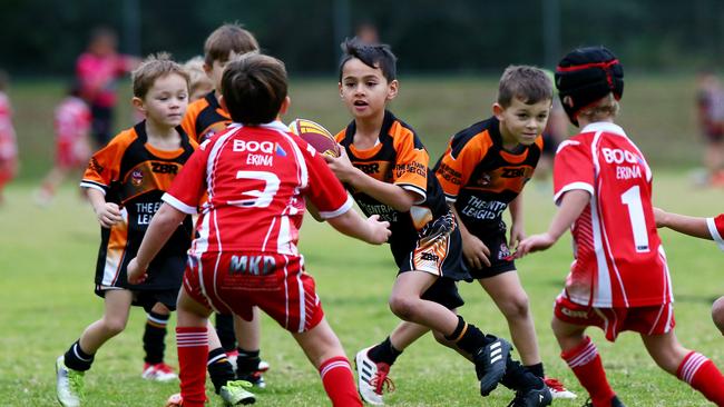 The Entrance Tigers v Kincumber Colts u6.Junior Rugby League Saturday 2nd June 2018 at Mackillop. Oval Sth Kincumber.(AAP Image/Sue Graham)