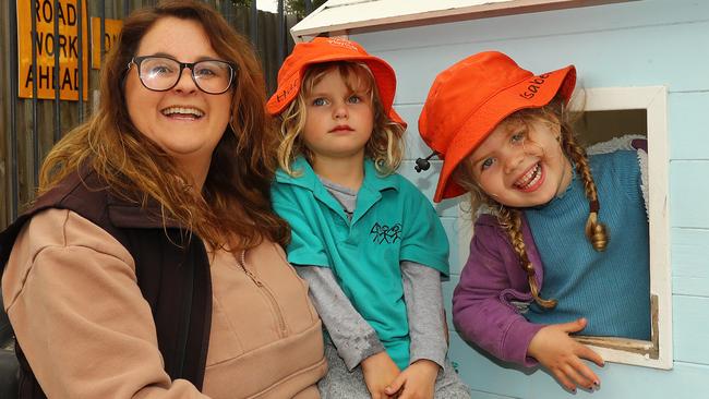 Play CC &amp; K Belmont centre director Megan Siemek with Hudson and Isabel, celebrating the centre’s outstanding Kindicare rating. Picture: Alison Wynd