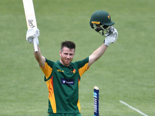 Mac Wright celebrates scoring his century. Picture: STEVE BELL/GETTY IMAGES