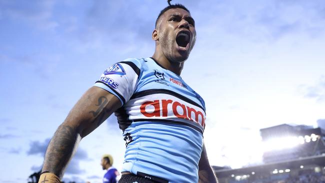 SYDNEY, AUSTRALIA - MARCH 15: Sione Katoa of the Sharks celebrates after scoring a try during the round two NRL match between Cronulla Sharks and Canterbury Bulldogs at PointsBet Stadium on March 15, 2024, in Sydney, Australia. (Photo by Mark Metcalfe/Getty Images)