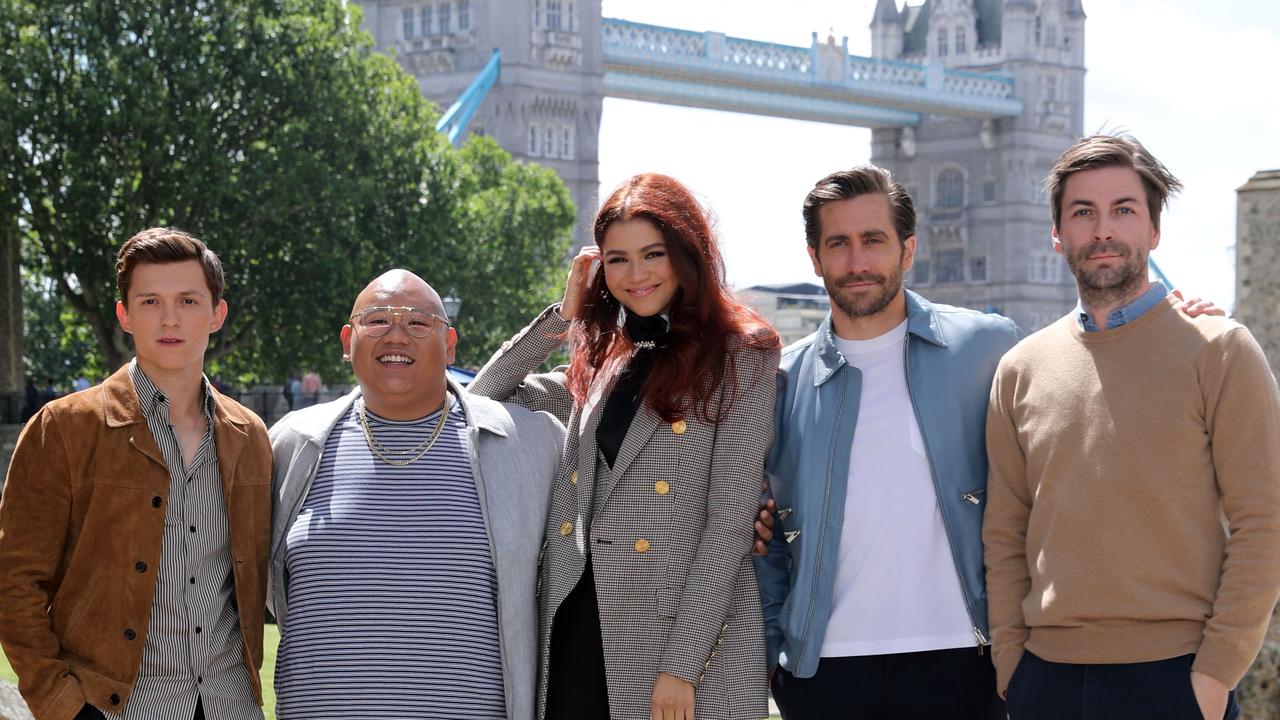 Jon Watts with his Spider-Man stars Tom Holland, Jacob Batalon, Zendaya and Jake Gyllenhaal Picture: Isabel Infantes/AFP