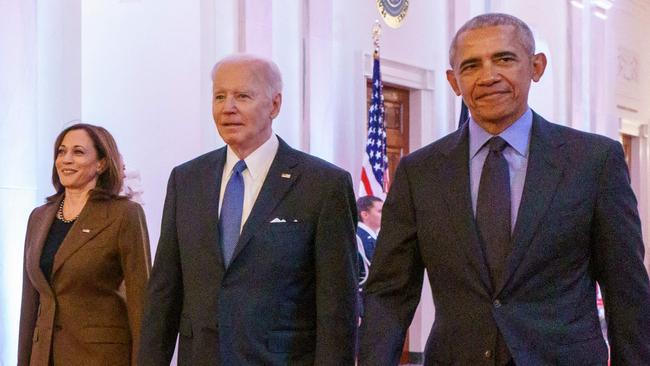 US Vice President Kamala Harris, US President Joe Biden, and former President Barack Obama arrive to deliver remarks on the Affordable Care Act at the White House. Picture: AFP