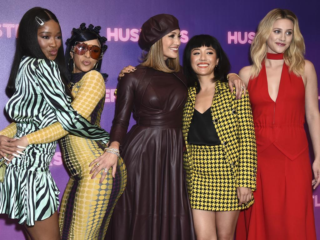 Keke Palmer, Cardi B, Jennifer Lopez, Constance Wu, and Lili Reinhart, pictured at the Four Seasons in Los Angeles, for their movie, Hustlers. Picture: AP