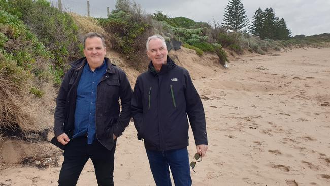 Integrated Coasts director Mark Western with Flinders University Coastal Studies Professor Patrick Hesp at Horseshoe Bay, Port Elliot, where Alexandrina Council is considering changes to prepare for higher sea levels later this century.