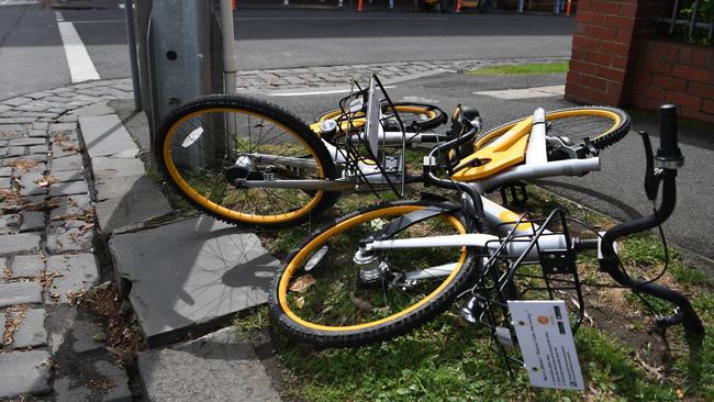 oBikes on a North Melbourne footpath. Photo: AAP