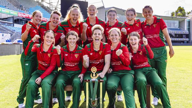 Moloney (front row, second from left) was just one of two former Roar players that played in Tasmania’s first WNCL title win in 2021-22. Picture: Linda Higginson