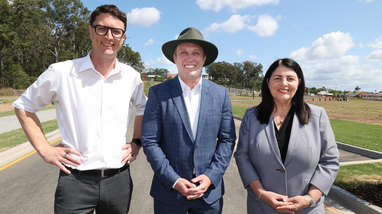 Premier Steven Miles (centre) with Transport Minister Bart Mellish and State Development Minister Grace Grace on Wednesday. Picture: Annette Dew