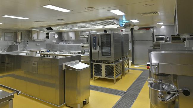 The galley is a full-scale commercial kitchen that contains ovens, cooktops, microwaves, dishwashers, stainless steel sinks and a bread maker. © Damen/Australian Antarctic Division