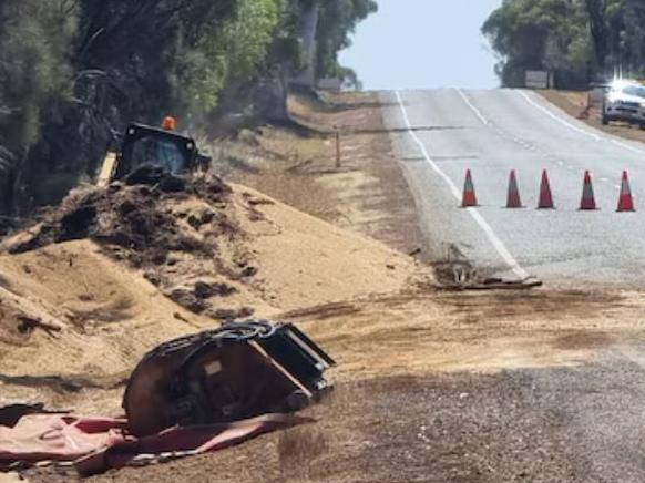 The scene where a woman in her 50s was killed at Nippering when her car collided with a truck on Saturday. Seven people were killed on WA's roads over the weekend seeing the state reach its worst road toll in almost a decade. Picture: ABC