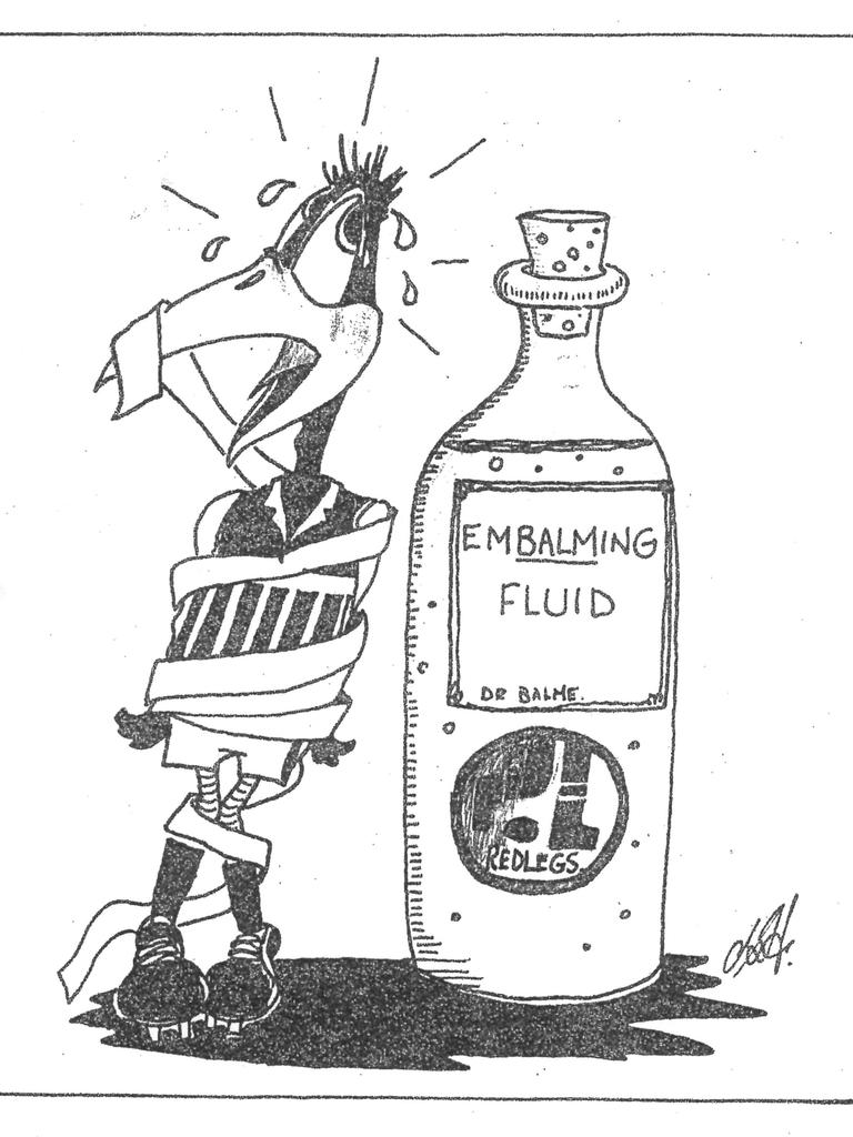 The long-lived rivalry between Norwood and Port Adelaide is seen in this 1980s cartoon.“ Embalming” is a word play on the Norwood Coach’s name, Neil Balme. Norwood footy fans have until the end of the month to soak up a fascinating display of historic memorabilia. Picture: Supplied