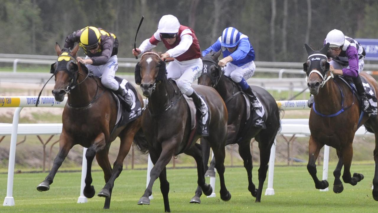 Jockey Blake Shinn (L) riding 'Cathay Lady ' wins Gosford RSL Clubs ' Belle of the Turf Stakes ' at Gosford