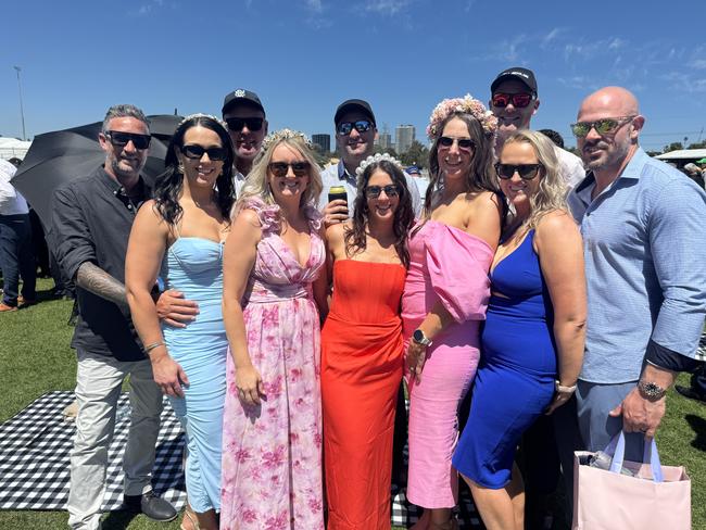 Josh Graf, Stevie Young, James Morton, Chantel Morton, Bale Boshev, Gabby Goninan, Trent Goninan, Aimee Cowling, Allan Cowling, Chanelle Diebert and Chris Diebert at the Melbourne Cup at Flemington Racecourse on November 5, 2024. Picture: Phillippa Butt