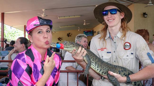 Leah Stone and Payton Prosser Berry Springs Croc Races celebrating the Melbourne Cup Picture: Glenn Campbell